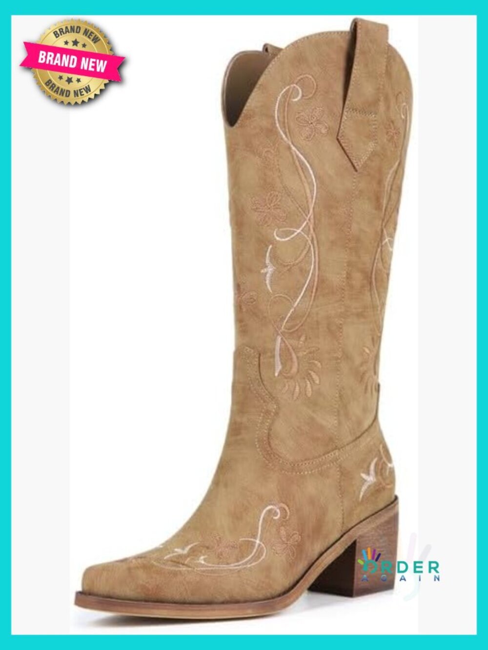 Mid Calf Western Cowboy Boots Floral Embroidered Chunky Heel Pointed Toe Pull-On